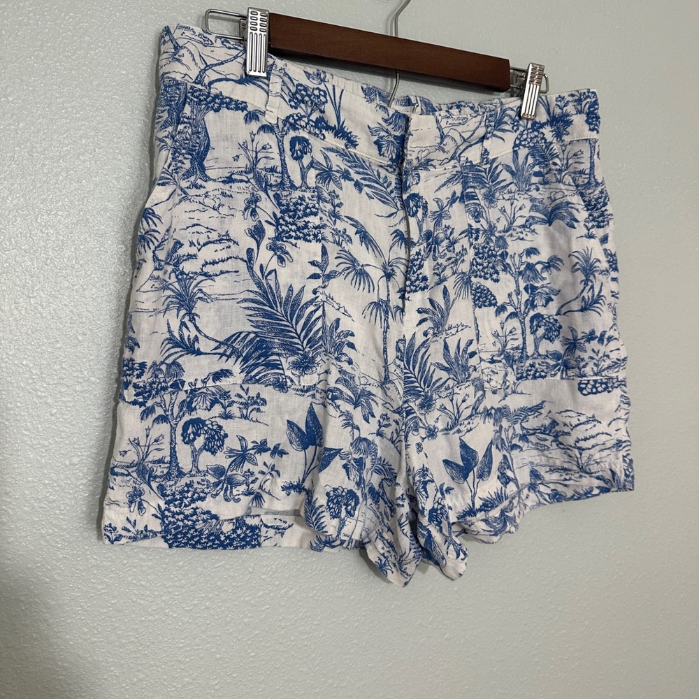 Nicole Miller New York Linen Blend Blue Toile Tropical Shorts Women L